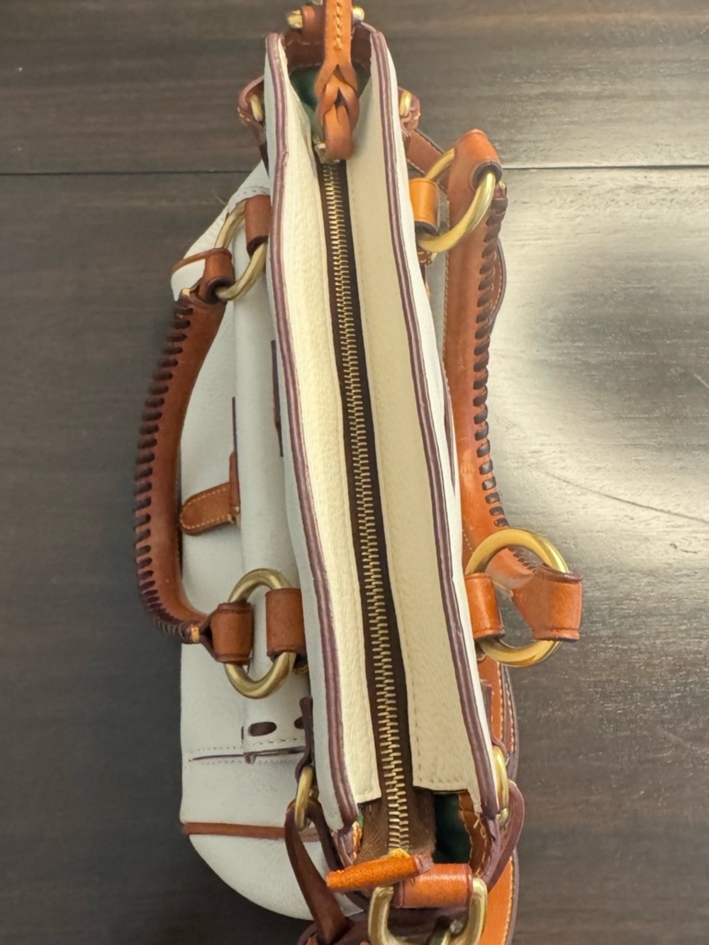 Dooney & Bourke Cream Leather Satchel with Brown Trim and Brass Hardware - Picture 9 of 12